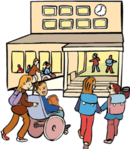 Eine Gruppe von Kindern (weiße, PoC und ein weißes Kind im Rollstuhl) laufen auf ein Haus zu. Eine Uhr am Haus zeigt kurz nach acht. 