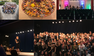 Ein Panoramabild, das aus fünf Bildern besteht: Zwei Gruppenbilder aus NRW und Sachsen-Anhalt, einen großen Süßigkeitenteller, Bundesfamilienministerin Franziska Giffey bei einer Rede und ein Soundcheck einer Band auf einer Bühne.